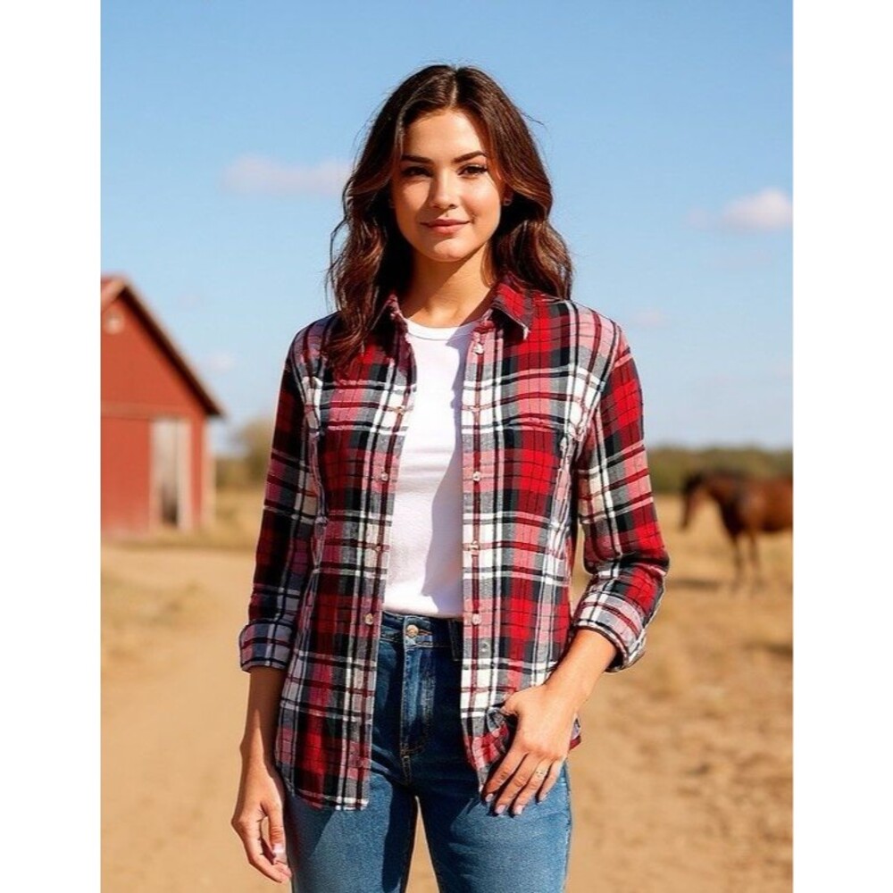 LRL Lauren Jeans Co. NWOT womens red plaid long sleeve button shirt sz M preppy